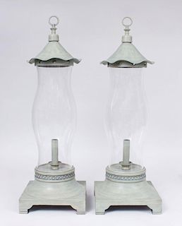 PAIR OF TALL GREY PAINTED METAL PHOTOPHORES