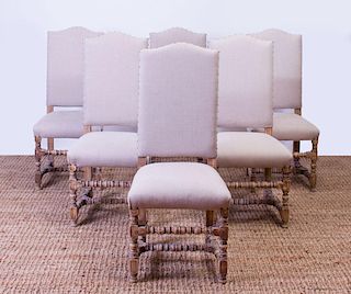 SET OF SIX BAROQUE-STYLE PICKLED AND STAINED PINE SIDE CHAIRS
