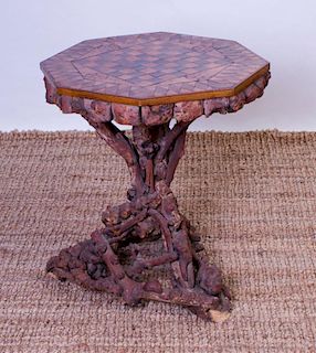 RUSTIC BURL AND ROOT MARQUETRY GAMES TABLE