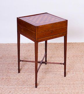 REGENCY FRUITWOOD AND MAHOGANY PARQUETRY GAMES TABLE