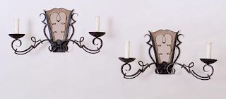 PAIR OF FRENCH WROUGHT-IRON AND MIRRORED TWO-LIGHT SCONCES, IN THE MANNER OF GILBERT POILLERAT