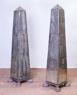 PAIR OF ETCHED MIRRORED OBELISKS ON PAINTED WOOD STANDS