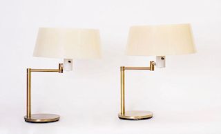 PAIR OF BRASS SWING-ARM DESK LAMPS WITH PLEXI SHADES FOR LIGHTOLIER