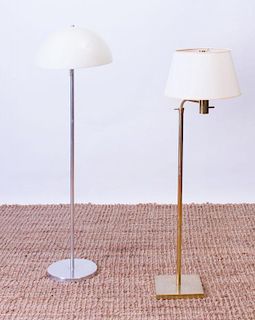 NESSON CHROME FLOOR LAMP WITH PLASTIC SHADE, AND A BRASS FLOOR LAMP