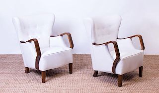 PAIR OF ART DECO STYLE UPHOLSTERED BEECH ARMCHAIRS