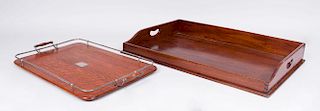 GEORGE III STYLE MAHOGANY BUTLER'S TRAY AND A SILVERPLATE-MOUNTED OAK TWO-HANDLED TRAY