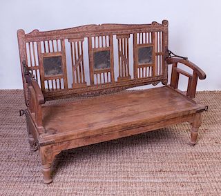 ANGLO-INDIAN CARVED TEAK CARRIAGE BENCH