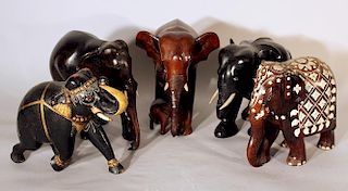 A lot of 5 Asian wooden carved elephants