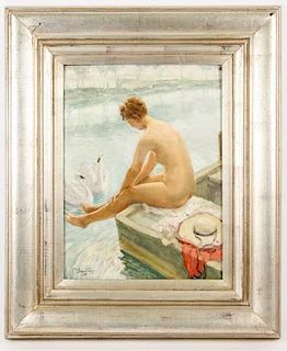 Oil on Board of Nude Woman Bathing w/ Swans