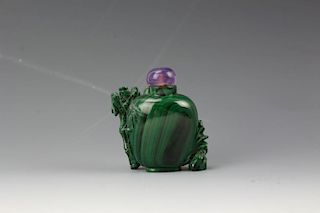 19th century Chinese Antique Malachite snuff bottle and Amethyst stopper with detailed open carved foliage and two birds