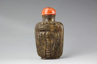 Chinese Calcite snuff bottle with Agate stopper. Cicada carved relief on one side and symbols of Good Fortune, Longevity, nob
