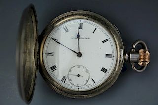 Vintage sterling silver hunter pocket watch with white dial and Roman numerals by Westminster Swiss made. Good movement.