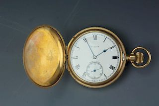 Vintage Elgin gilt hunter pocket watch with ceramic white dial and blue hands. No movements