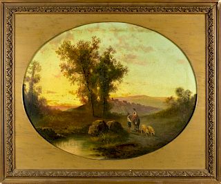 19C oil on canvas "Landscape with Couple and Sheeps"