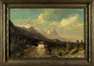19C oil on canvas "Mountain Landscape with Cottage"