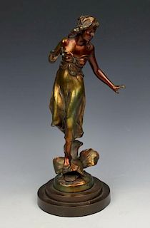 Antique French art nouveau bronzed metal figurine "Woman on Flower"