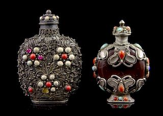 Two Stone Inlaid Snuff Bottles, Height of first overall 3 1/8 inches.