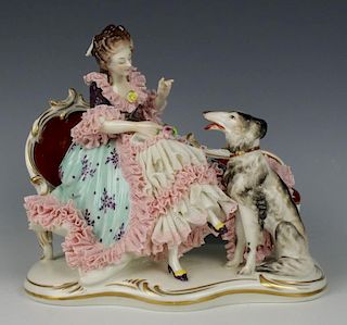 Dresden Volkstedt figurine "Sitting Lady with Borzoi"