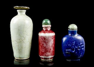 Three Glazed Ceramic Snuff Bottles, Height of tallest 3 3/4 inches.