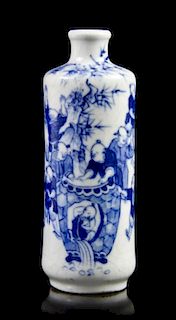 A Blue and White Cylindrical Snuff Bottle, Height of first 3 1/8 inches.