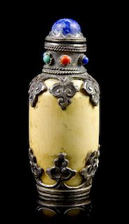 An Ivory Silvered Metal Mounted Snuff Bottle, Height overall 2 13/16 inches.