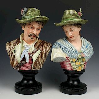 Antique Austrian Majolica figurines "Busts of Man and Woman"