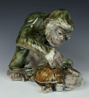 Antique large porcelain figurine "Monkey with Turle"