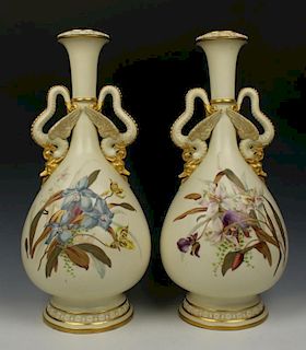19C large 16" Royal Worcester 1165 Dragon Handle Vases