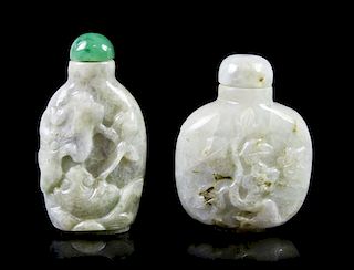 Two Carved Jadeite Snuff Bottles, Height of taller 2 1/2 inches.