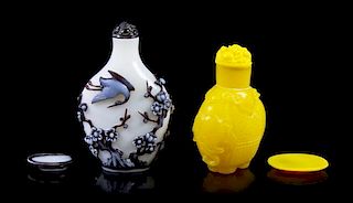 Two Peking Glass Snuff Bottles and Two Snuff Dishes, Height of taller overall 3 3/8 inches.