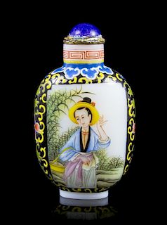 A Painted Milk Glass Snuff Bottle, Height of bottle 2 3/8 inches.