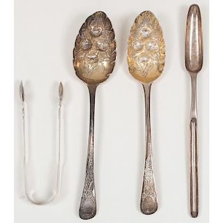 English Sterling Berry Spoons and Other Utensils