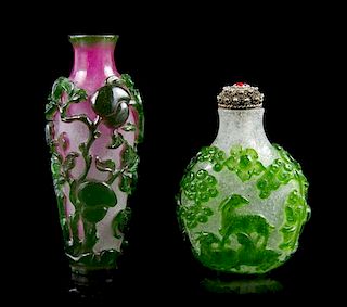 Two Peking Glass Snuff Bottles, Height of taller 3 3/8 inches.