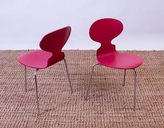 SET OF SIX ARNE JACOBSEN STAINED WOOD AND CHROME 'ANT' CHAIRS FOR FRITZ HANSEN
