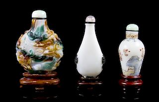 Three Glass Snuff Bottles, Height of tallest 2 1/2 inches.