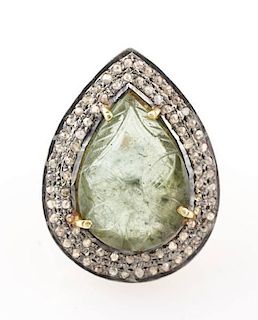 Ladies Carved Emerald & Diamond Ring