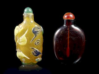 Two Glass Snuff Bottles, Height overall of taller 3 1/4 inches.