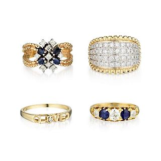 A Group of 14K Gold Diamond and Sapphire Rings