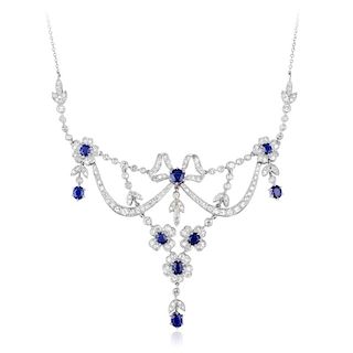 A Platinum Diamond and Sapphire Garland Necklace