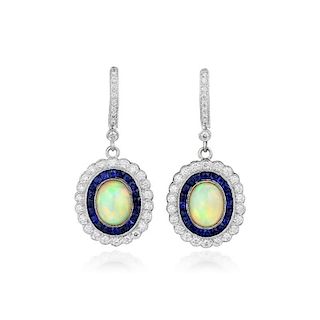 A Pair of 18K White Gold Opal Sapphire and Diamond Earrings