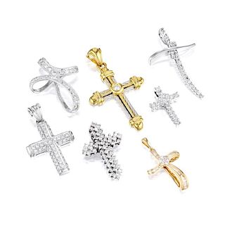 A Group of Seven Gold and Diamond Cross Pendants