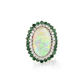 An 18K Gold, Opal, Emerald and Diamond Ring