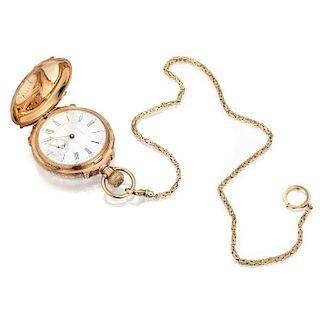 Waltham Antique Pocket Watch with 14K Gold Hunter Case and Chain