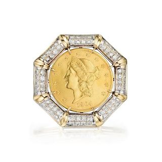 A USA Gold Coin and 14K Gold Diamond Brooch/Enhancer