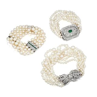 A Group of Cultured Pearl and Diamond Bracelets