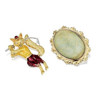 A Group of 18K and 14K Enamel, Diamond and Gemstone Brooches
