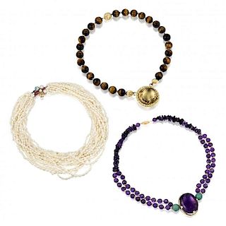 A Group of 14K Gold and Gemstone Necklaces