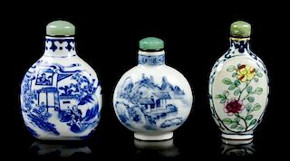 Three Ceramic Snuff Bottles, Height of tallest 3 inches.