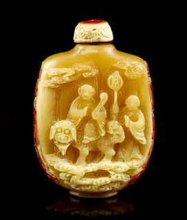 A Carved Hornbill Snuff Bottle, Height overall 2 3/4 inches.