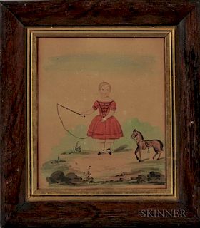 American School, Mid-19th Century  Portrait of a Child in a Red Dress with a Dog